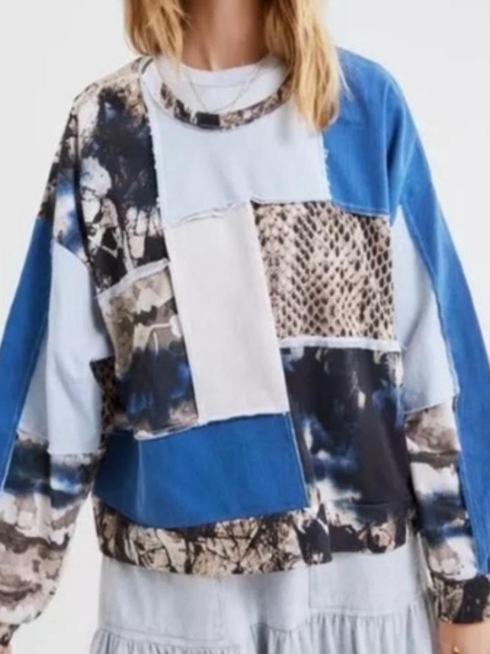Zara Blue Patchwork Crewneck Sweater